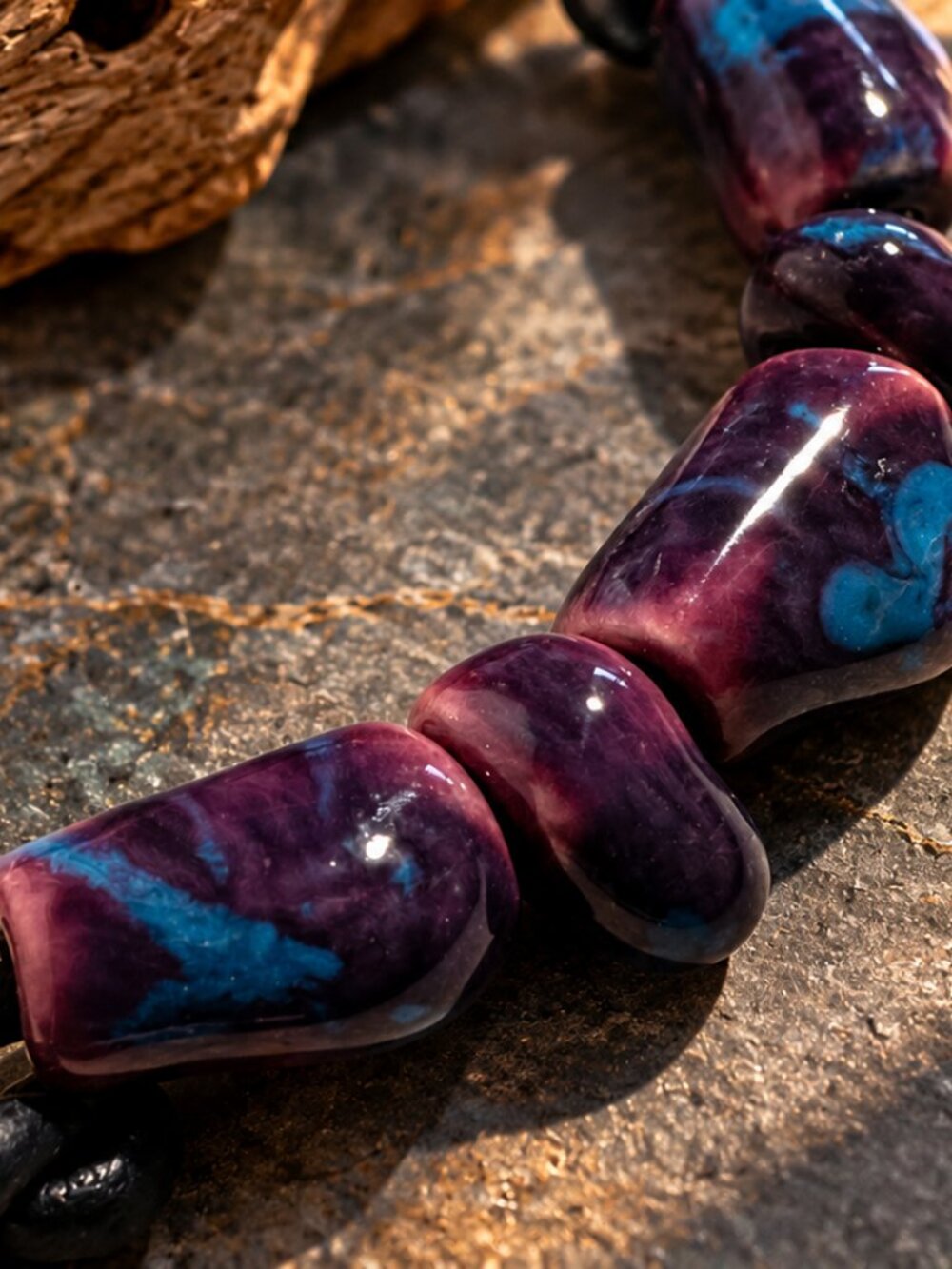 Artisan Purple Blue Ceramic Bead Cord Necklace